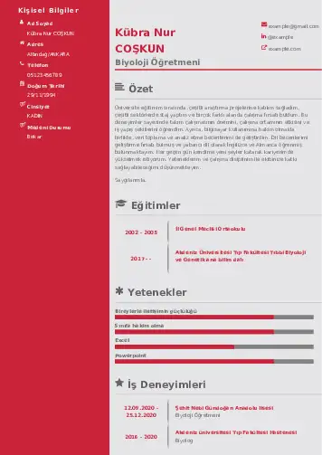 Biyoloji Öğretmeni CV Örnekleri cv indir